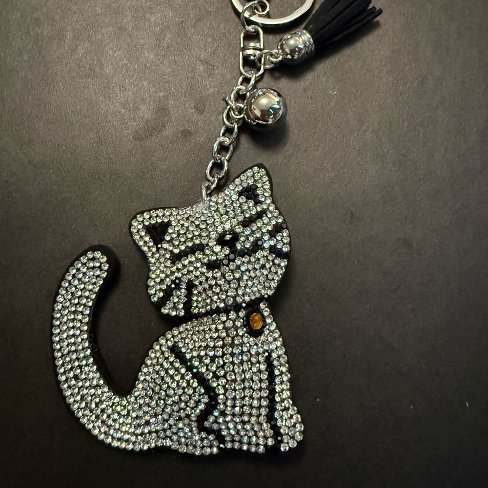 Crystal Cat Keychain Charm - Silver Cat Key & Card Holder Accessory
